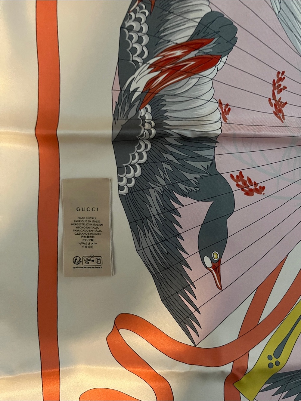 Gucci Crane & Fan Silk Scarf in Pink, Gray & Coral - Picture 3 of 4